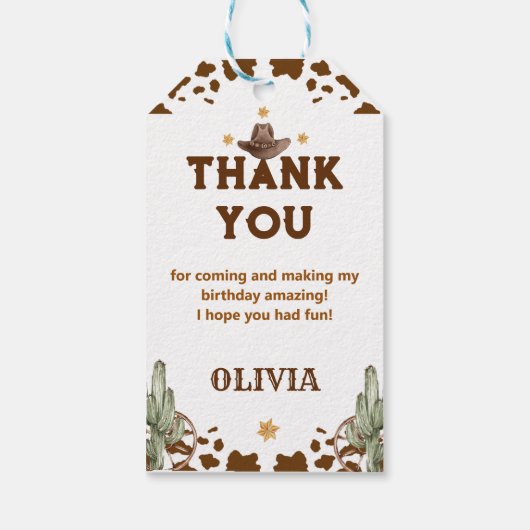 Western Cowboy Birthday Party Danke Geschenkanhänger (Rückseite)
