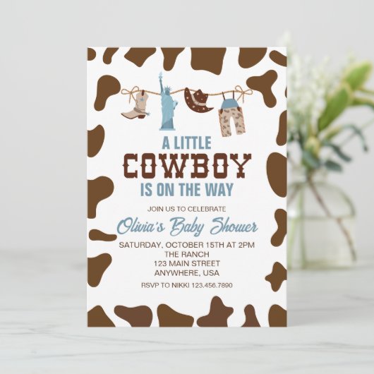 Western Cowboy Blue Kariert Baby Dusche Einladung (Stehend Vorderseite)