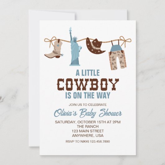Western Cowboy Blue Kariert Baby Dusche Einladung (Vorderseite)