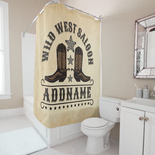 Western Cowboy Boots ADD NAME Sheriff Spurs Saloon Duschvorhang (Beispiel)