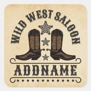 Western Cowboy Boots ADD NAME Sheriff Spurs Saloon Quadratischer Aufkleber