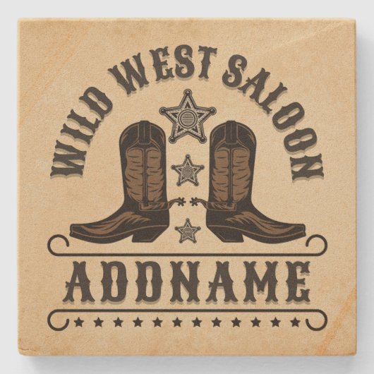 Western Cowboy Boots ADD NAME Sheriff Spurs Saloon Steinuntersetzer (Vorderseite)