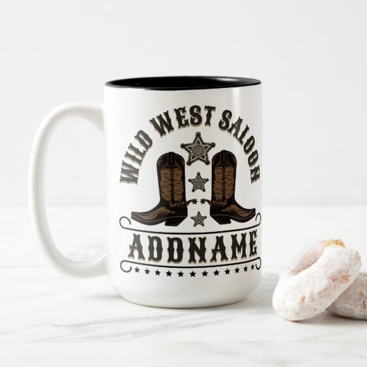 Western Cowboy Boots ADD NAME Sheriff Spurs Saloon Zweifarbige Tasse (Mit Donut)