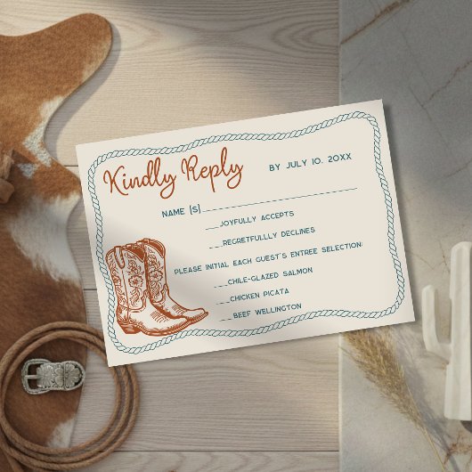 Western Cowboy Boots Barn Wedding Meal Choice RSVP Karte