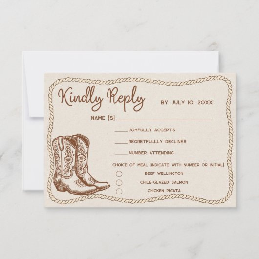 Western Cowboy Boots Barn Wedding Meal Choice RSVP Karte (Vorderseite)
