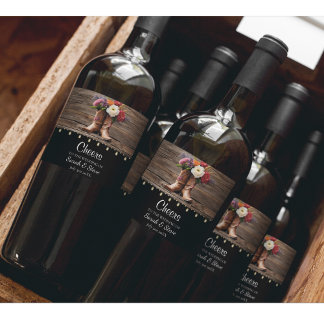 Western Cowboy Boots Floral Elegante Hochzeit Weinetikett