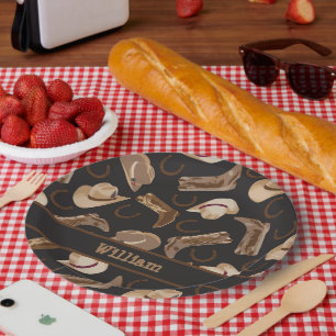 Western Cowboy Cowgirl Boots Hats Brown Black Name Pappteller