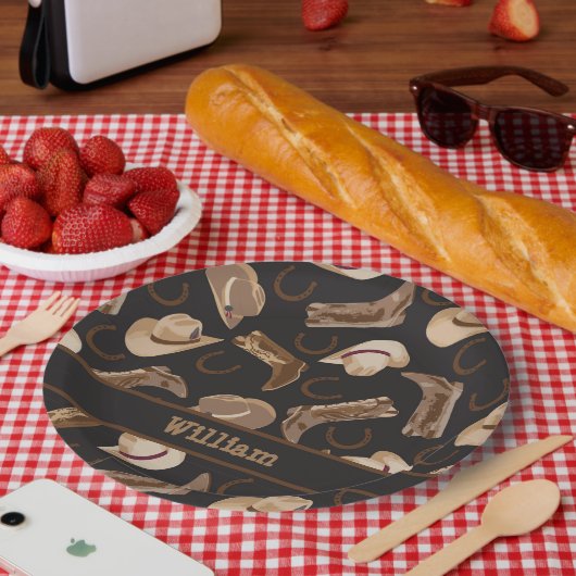 Western Cowboy Cowgirl Boots Hats Brown Black Name Pappteller (Picknick)