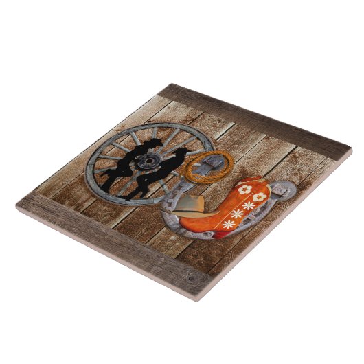 Western Cowboy Cowgirl Horseshoe Wagon Wheel Fliese (Seite)