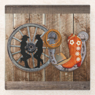 Western Cowboy Cowgirl Horseshoe Wagon Wheel Glasuntersetzer