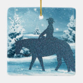 Western Cowboy Cowgirl Pferd Winter Snow Scene Keramikornament (Rückseite)