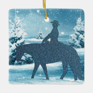 Western Cowboy Cowgirl Pferd Winter Snow Scene Keramikornament