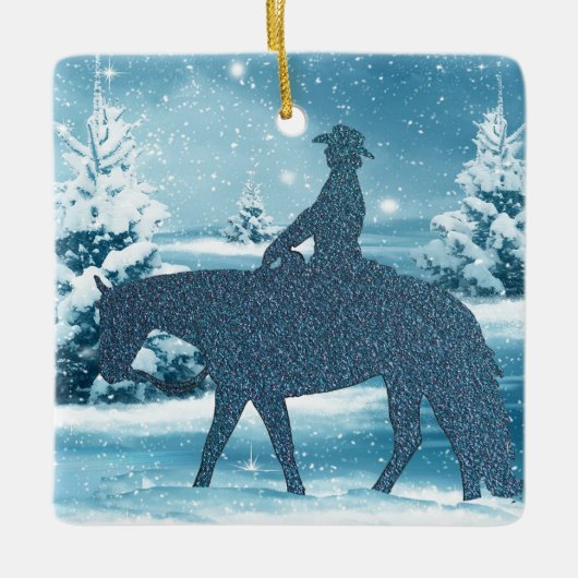 Western Cowboy Cowgirl Pferd Winter Snow Scene Keramikornament (Vorderseite)