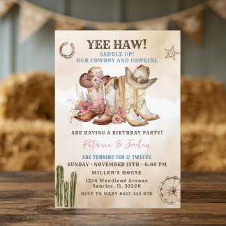 Western Cowboy Cowgirl Sibling Twin Geburtstag Einladung