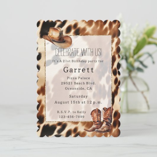 Western Cowboy Cream Brown Black Cowhide Boost Hat Einladung (Stehend Vorderseite)