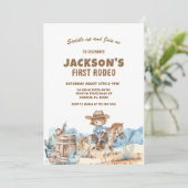 Western Cowboy First Rodeo Birthday Einladung (Stehend Vorderseite)