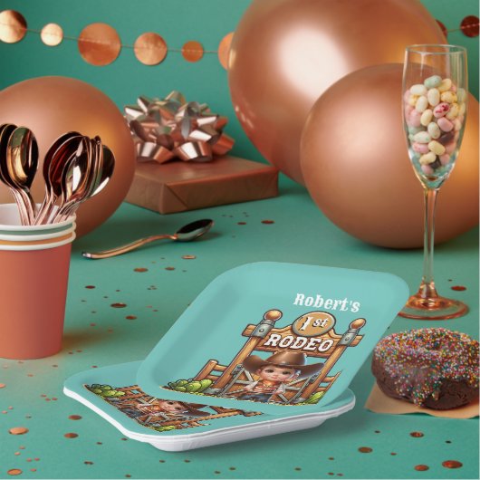 Western Cowboy First Rodeo Geburtstag Custom Pappteller (Multi)