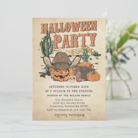 Western Cowboy Pumpkin Halloween-Party Einladung (Stehend Vorderseite)