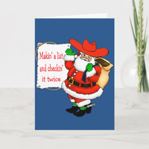Western Cowboy Santa beim Erstellen einer Liste Feiertagskarte