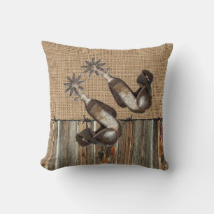 Western Cowboy Spurs Burlap Barnholz Barbed Wire Kissen