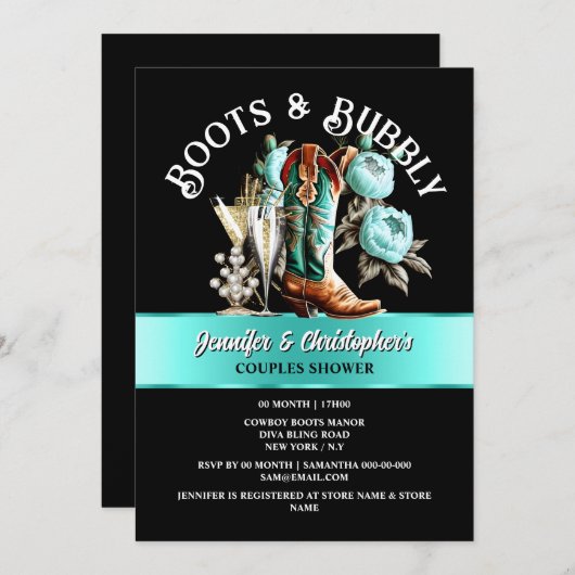 Western Cowboy Stiefel schwarz aquamarinen blubbly Einladung (Vorne/Hinten)