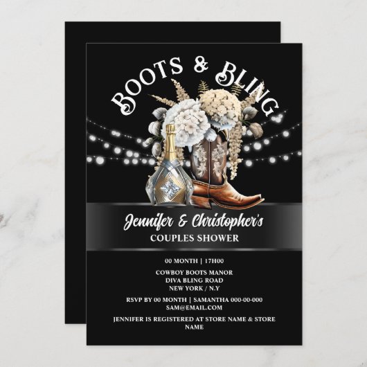 Western Cowboy Stiefel silbergoldblubbly chic Einladung (Vorne/Hinten)