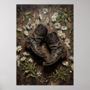 Western Cowboy-Stiefel und Gänseblümchen Rustikale Poster