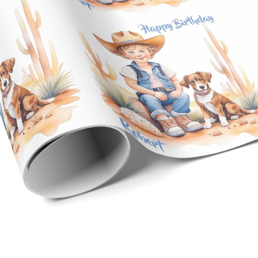 Western Cowboy und Hund Personalisiert zum Geburts Geschenkpapier (Rolleneckpunkt)