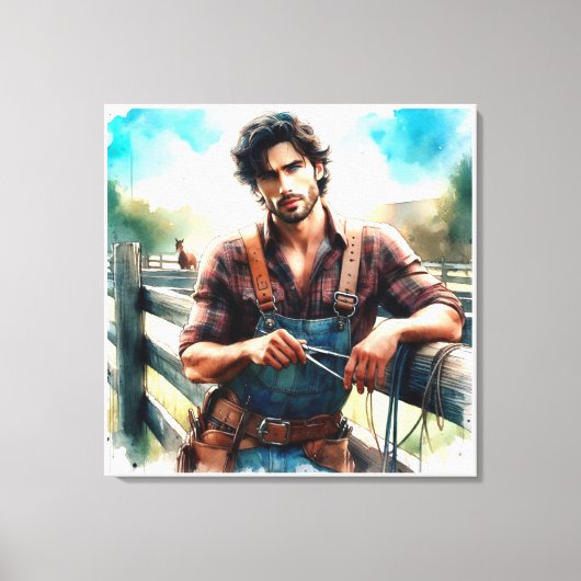 Western Cowboy Watercolor Stretched Canvas Print Leinwanddruck (Vorderseite)