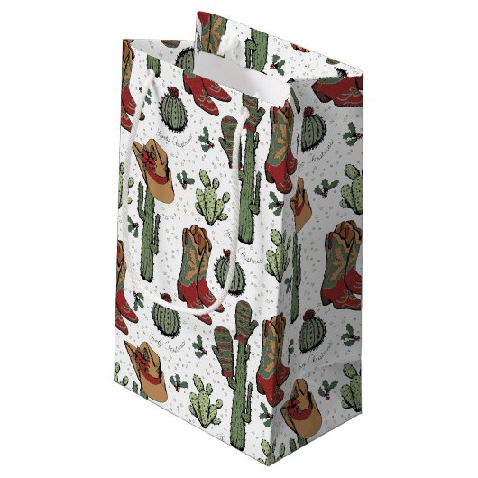 Western Cowboy Weihnachten Rot und Grün Kleine Geschenktüte (Rückseite Schrägansicht)
