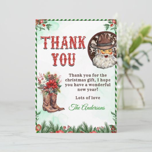 Western Cowboy Weihnachts-Party Dankeskarte (Stehend Vorderseite)