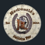 Western Cowboysaloon Bar Dartboard Dartscheibe<br><div class="desc">Ein rustikaler Cowboy mit Vintagem Saloon-Thema Bar,  mit einem glücklichen Pferdeschuh,  Waggon Rad und Cowboy Stiefel perfekt für Ranchers und Cowboys ihren Namen hinzufügen.</div>