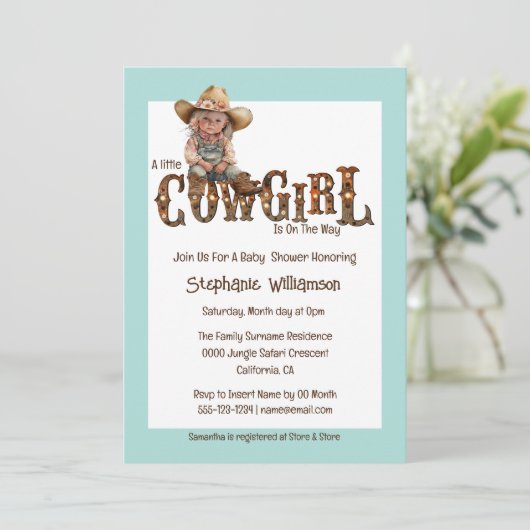 Western Cowgirl Blau Braun rustikale Mädchen Einladung (Stehend Vorderseite)