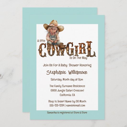 Western Cowgirl Blau Braun rustikale Mädchen Einladung (Vorne/Hinten)