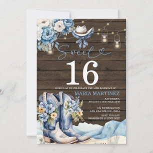 Western Cowgirl Blue Floral Wood Sweet 16 Geburtst Einladung