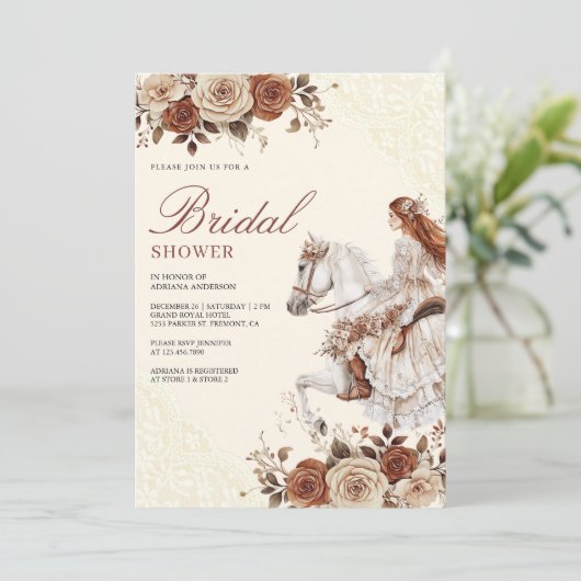 Western Cowgirl Bride Reiten Reiten Brautparty Einladung (Stehend Vorderseite)