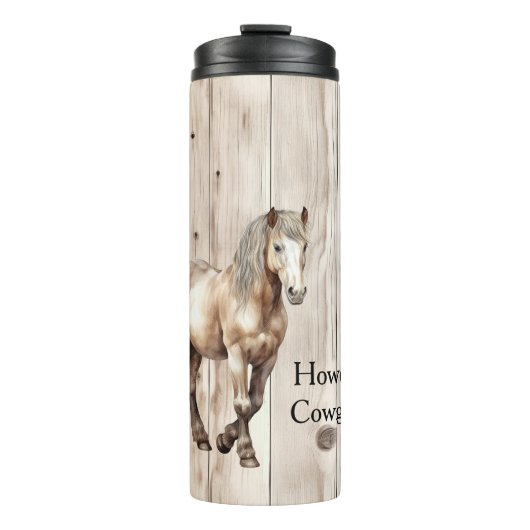 Western Cowgirl Cowboy Horse Faux Wood Thermosbecher (Vorderseite)
