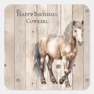 Western-Cowgirl-Cowboy-Pferd-Faux-Holz Quadratischer Aufkleber