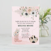 Western-Cowgirl-Erstkommune satteln Einladung (Stehend Vorderseite)