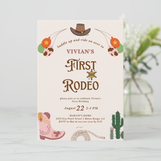 Western Cowgirl First Rodeo Einladung zum Geburtst (Stehend Vorderseite)