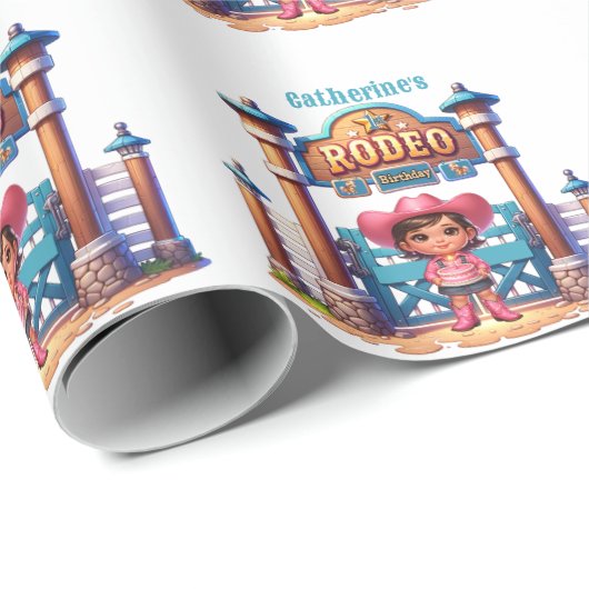 Western Cowgirl First Rodeo Geburtstag Custom Geschenkpapier (Rolleneckpunkt)