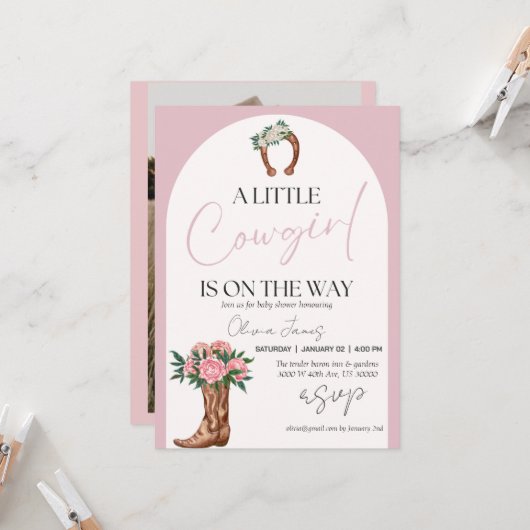 Western Cowgirl Foto Babydusche Einladung (Vorderseite/Rückseite Beispiel)