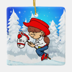 Western Cowgirl Kind auf Stick Pferd Winter Szene  Keramikornament