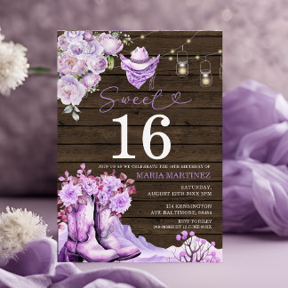 Western Cowgirl Lila Wood Sweet 16 Geburtstag Einladung