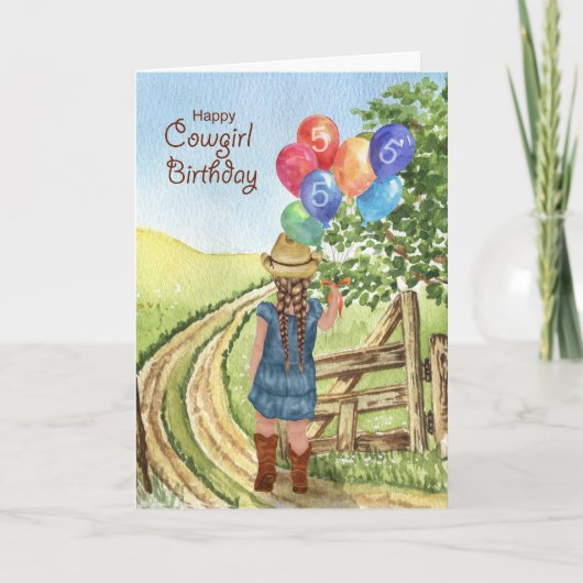 Western Cowgirl mit Balloon Girl's 5th Birthday Karte (Vorderseite)