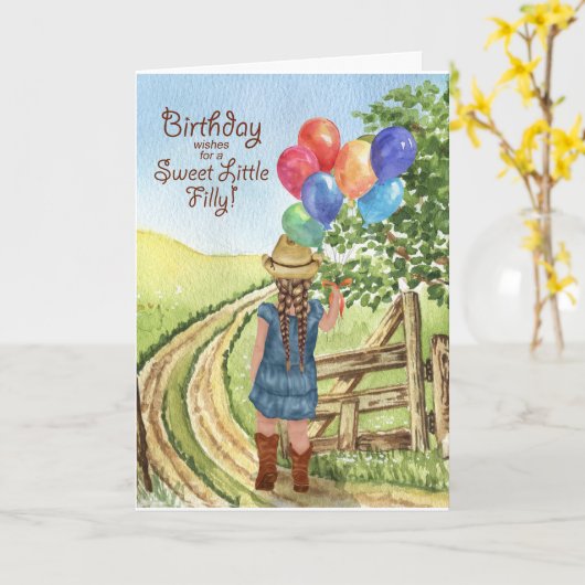Western Cowgirl mit Balloon Girl's Birthday Karte (Gelbe Blume)
