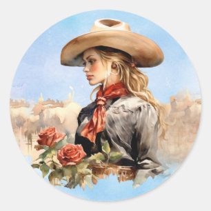 Western-Cowgirl mit Rosen Stickern Runder Aufkleber