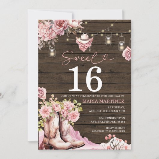 Western Cowgirl Pink Floral Wood Sweet 16 Geburtst Einladung (Vorderseite)