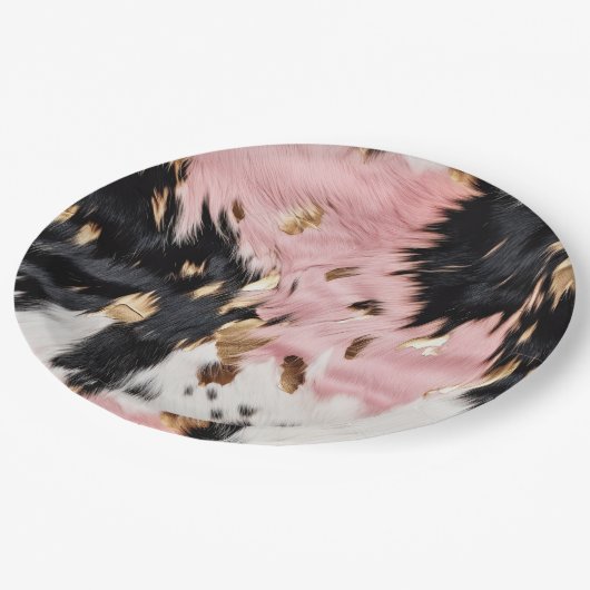 Western Cowgirl Pink Schwarz-weiß Gold Cowhide Pappteller (Schrägansicht)