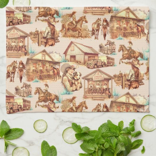 Western Cowgirl Ranch Horsszenen Geschirrtuch (Gefaltet)